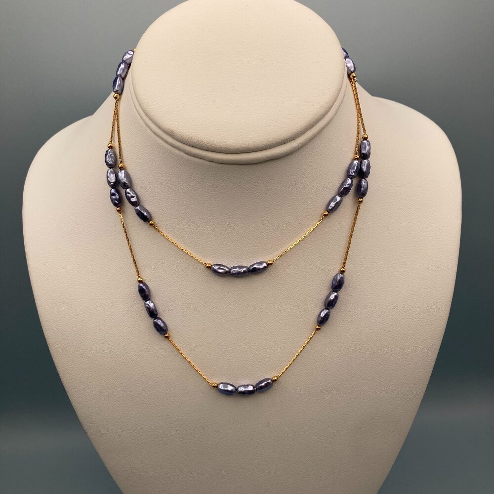 Single Strand  Freshwater Pearl Necklace  Blue Seed Pearls w/Tiny Gold Beads 30"